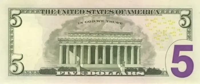 5 доларів зразка 2006 року, з кольоровим захистом, зворотний бік